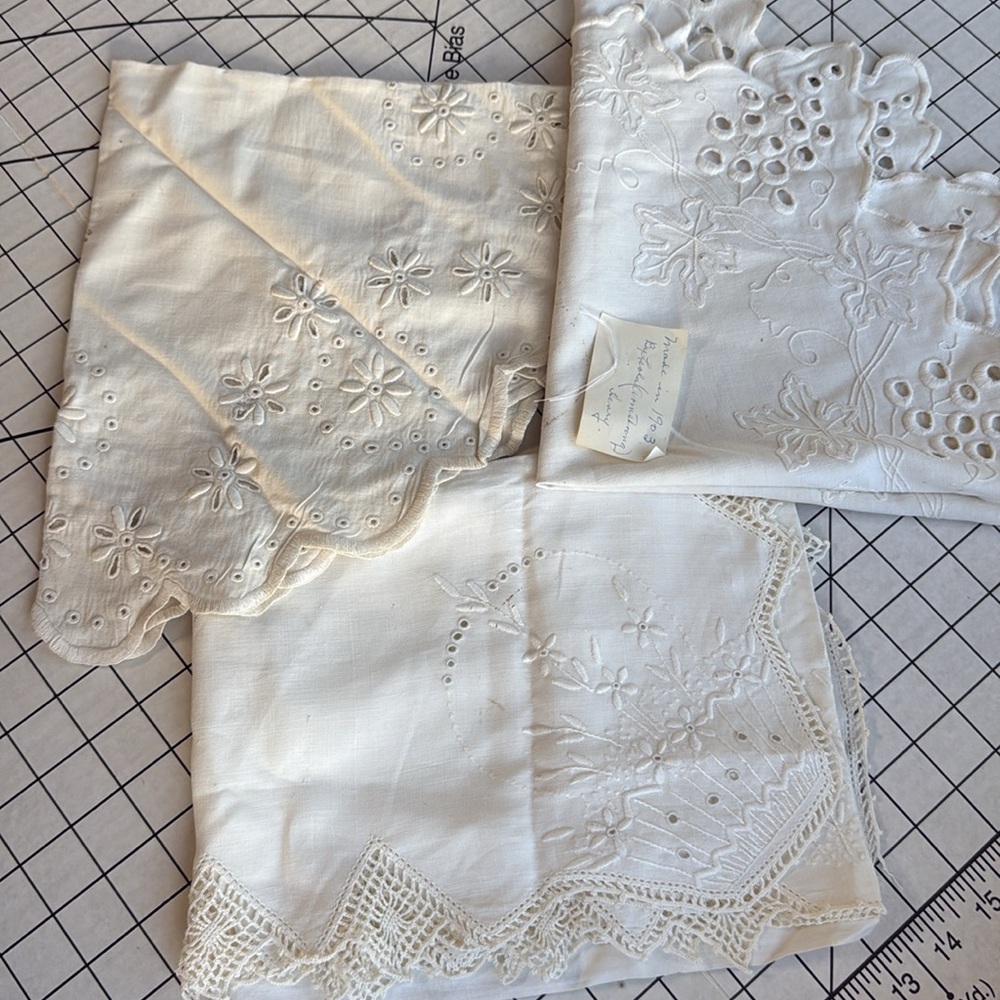 Set of 3 Vintage Whitework Linens – Cutwork Grapevine Doily c.1903, ca 1903-1940